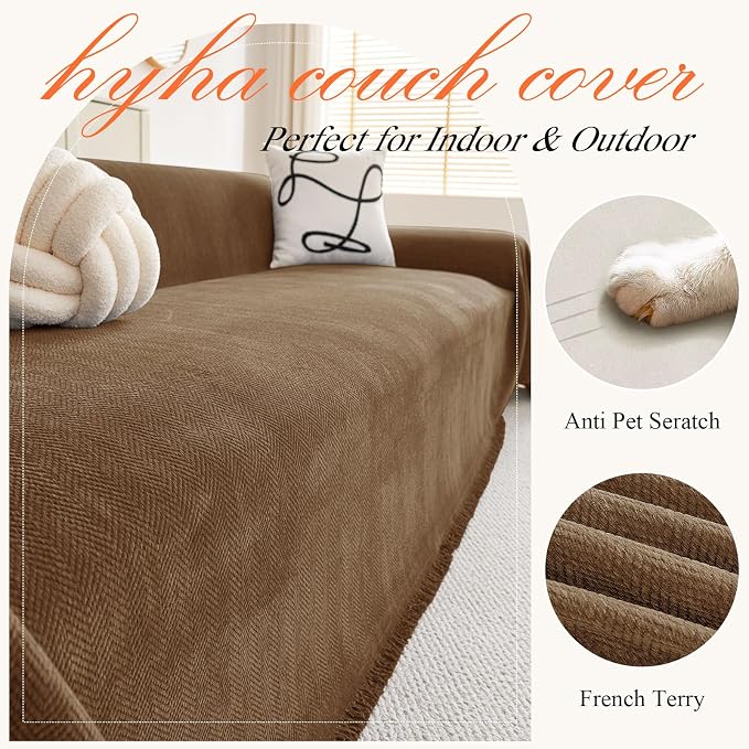 hyha Couch Cover for Dogs, Boho Chenille Sofa Cover for 3 Cushion Couch | Anti-Scratch Washable Sofa Slipcover, Loveseat Sectional Couch Throw Blankets with Tassels (Chocolate, 71x134 Inch) - Image 4
