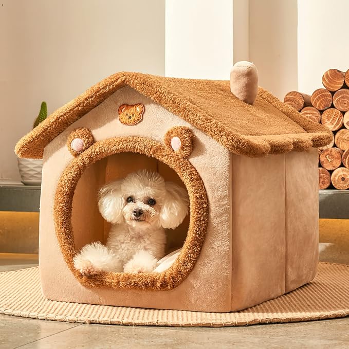 Cat Cave Bed, Washable Dog Bed, Warm and Cosy Cat House, Foldable Comfortable Pet Cat House, Dog Bed with Removable Cushion(M, Brown) - Image 6
