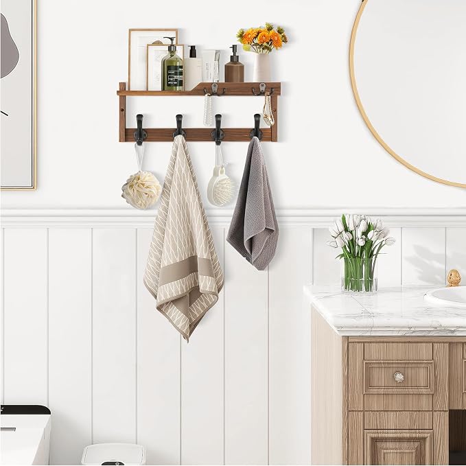 dreampossible Coat Rack Wall Mount with Shelf, Coat Hanger Wall Mount with Key Hooks and Mail Holder, Wood Entryway Floating Shelf with Hooks and Storage, Hat Rack for Wall Key Holder Mail Organizer - Image 3