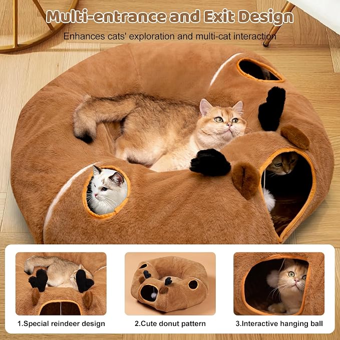 Cat Tunnel Bed with 20 Pcs Interactive Toys, 3-in-1 DIY Collapsible Plush Cat Tube with Washable Mat, Large Indoor Play Tunnel Cave for Kittens and Small Animals - Image 3