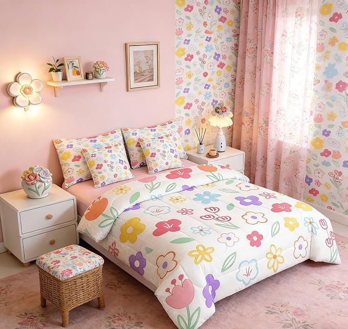 Feelyou Cute Flower 7 Piece Bedding Set Colorful Floral Comforter Set with Sheets for Kids Boys Girls Cartoon Hand-Drawn Bed in a Bag Botanical Decor Bed Set Soft Lightweight by Feelyou