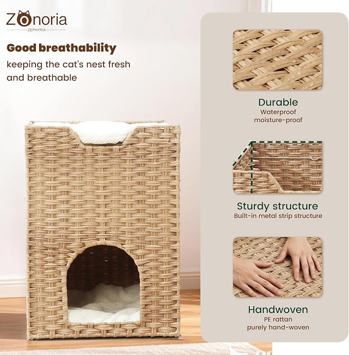 Safety Triple-Layer Cat House for Indoor Cats - Hand-Woven Rattan Cat Cave with 2 Hideaways & 3 Soft Pads - Foldable & Sturdy Cat Condo Furniture for Multiple Cats & Small Pets, Easy Assembly - Image 6