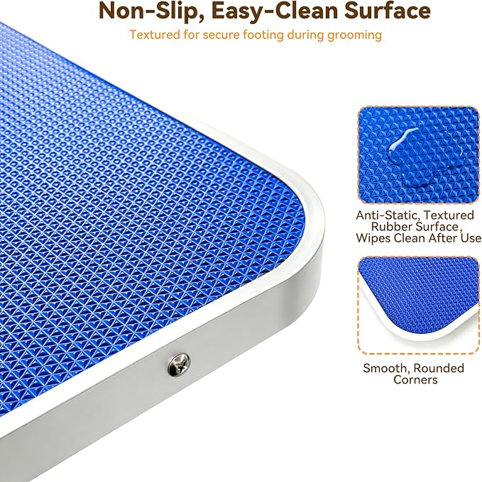36" Foldable Dog Grooming Table with Adjustable H-Frame Arm & 2 Nooses, Heavy-Duty Stainless Steel Frame, Non-Slip Top, Tool Caddy and Mesh Tray, Blue - Image 6