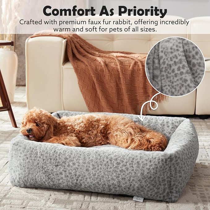 JOEJOY XL Dog Beds Large Sized Dog, Removable Washable Cover Orthopedic Soft Faux Rabbit Fur Pet Bed, Anti-Slip Fluffy Plush Faux Rabbit Fur Puppy Bed, 42"x36"x9", Leopard Print, Grey - Image 6