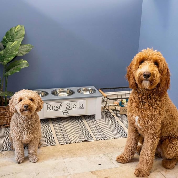 3 Bowl Dog Feeding Station, Personalized Triple Bowl Food Stand Medium Dogs | Farmhouse Style, Elevated Wood Stand, Storage Container, Stainless Steel Bowls, Raised Anti-Slip Feeder, Made in USA - Image 4