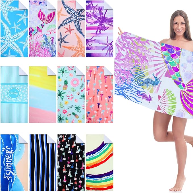 Newwiee 12 Pieces Large Microfiber Beach Towel Set Oversized 59 x 27.5 Inch Beach Pool Towel Bulk Quick Dry Lightweight Colorful Soft Absorbent for Adults Travel Swimming Supplies(Mermaid) by Newwiee