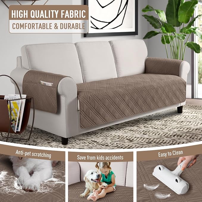 TAOCOCO Waterproof Couch Covers for Pets Dogs with Non Slip Backing, Sofa Seat Covers with Side Pocket for 3 Cushion Couch Washable Dog Couch Cover Protector Sofa Slipcovers(Sofa Plus, Taupe) - Image 4