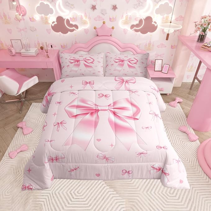 Manfei Pink Bowknot Comforter/Duvet Set,Preppy Trendy Kawaii Princess Ultra Soft Bed Collection,Cute Ribbon Bow Tie Bedding for Room Decor 3 Pcs,Microfiber Breathable,King by Manfei