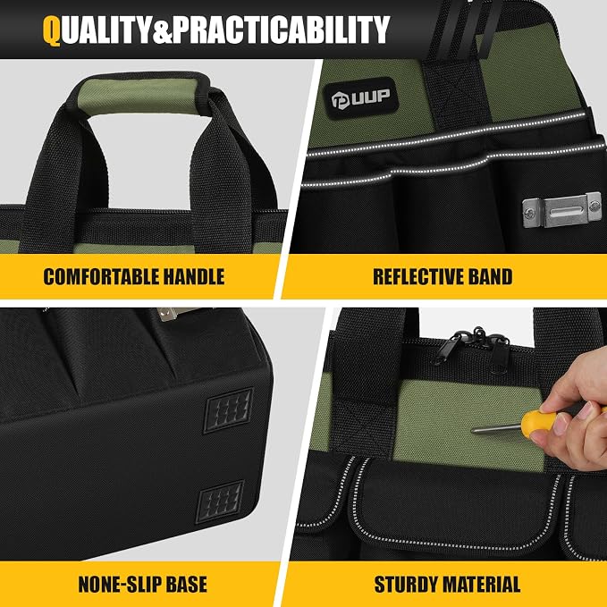 UUP Heavy Duty Tool Bag 15Inch, 16-Pocket Portable Empty Tool Box Organizer | Big Storage Toolbox Organization, Soft Handle Large Zipper Carrying Toolbag, Father Day Gifts for Him Dad Men, Green - Image 4
