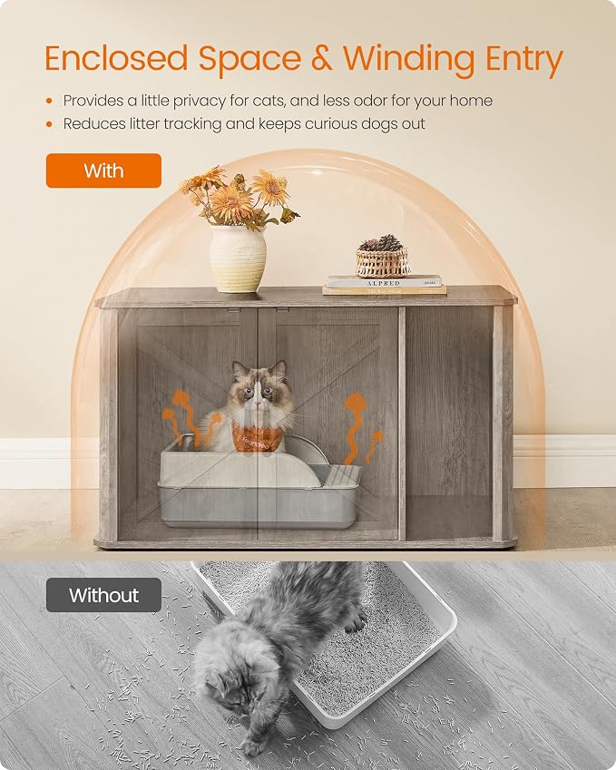 Feandrea Litter Box Enclosure, Modern Cat Litter Box Furniture Hidden, Front Entry, Double Doors, Handles, Cat House, Side End Table, 33.5 x 19 x 19.5 Inches, Heather Greige UPCL012G01 - Image 6