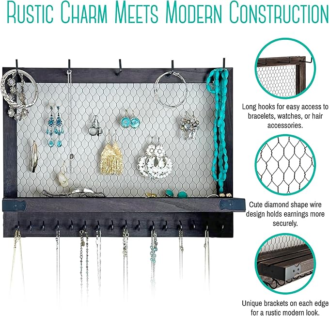OUTSHINE Large Farmhouse Wall Jewelry Organizer (Espresso) | Wall Organizer For Earrings, Necklace, Bracelet, Hair Accessories | Chicken Wire Earring Holder | For Women, Wife, Mom, Girlfriend - Image 4