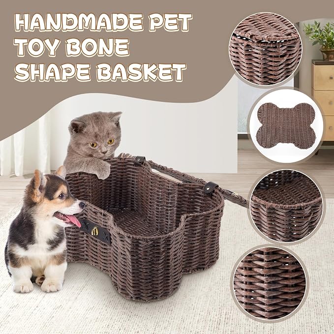 Barydat 2 Set Large Small Dog Toy Basket with Lid Bone Shaped Basket for Dog Natural Wicker Woven Handmade Pet Puppy Toy Organizer and Storage Box Bin for Cats(Wicker,Dark Brown) - Image 5