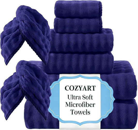 COZYART Lint Free 8Pcs Bathroom Towels Set Ultra Soft Microfiber Navy Blue | Cloud-soft, Ultra fluffy, Thick, Highly Absorbent, Quick Dry, Lint-Free Towels by COZYART