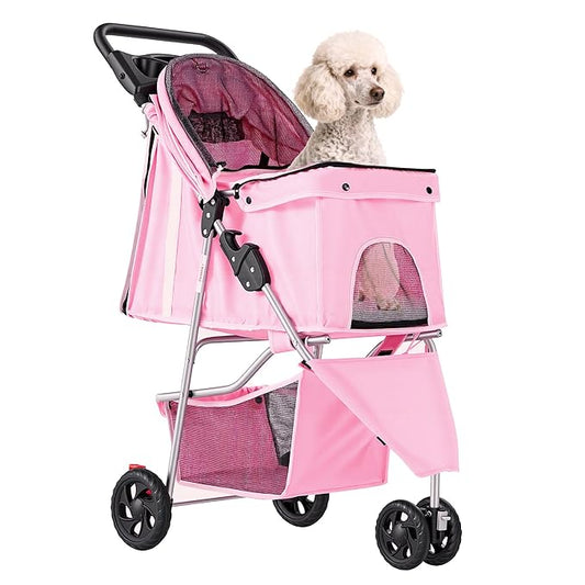 NEWBULIG 3 Wheel Pet Stroller for Dogs and Cats, Foldable, Lightweight and Durable, Ideal for Small to Medium Pets, Includes Storage Basket and Cup Holders