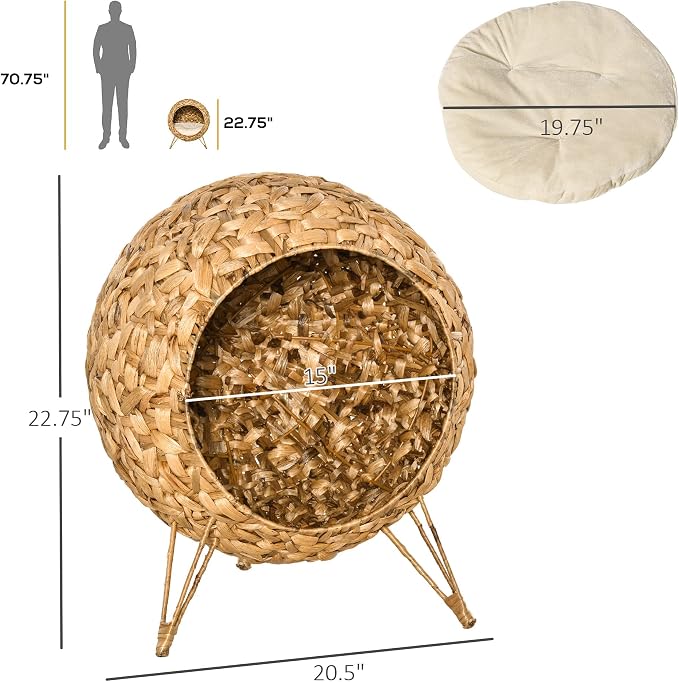 PawHut 20.5" Weaved Cat Bed, Elevated Hand-Woven Braided Banana Leaf Kitten House Condo with Cushion, Natural | Elevated Hand-woven Braided Banana Leaf Kitten House Condo - Image 7