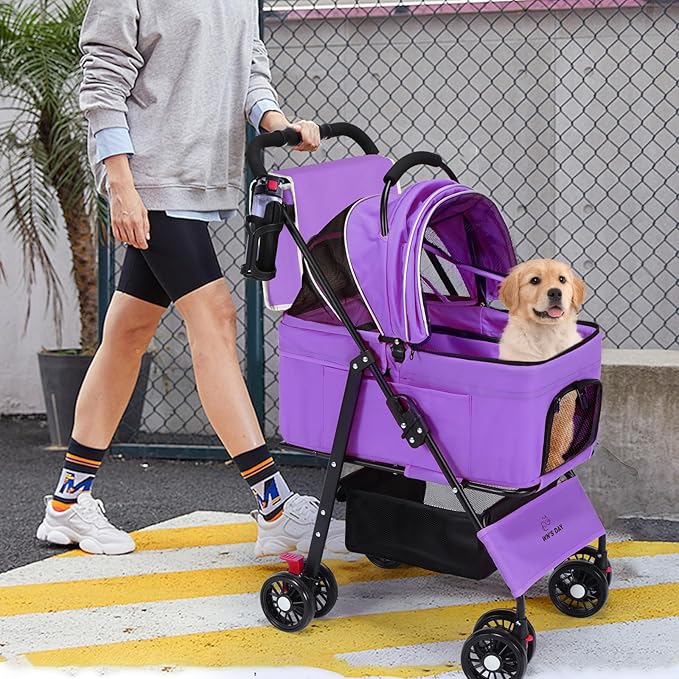 3 in 1 Pet Dog Stroller for Small Medium Dogs 10-50 lbs, Foldable Cat-Strollers for 2-Cats with Removable Carrier, Pet-Strollers for Cats with Storage Bag, Small Puppy-Stroller, Dog-Cart (Purple)