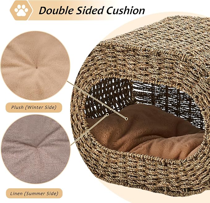 Cat House,Handwoven Cat Cave Pet Cube, Natural Cat Beds Indoor Kitten House with Double-Sided Soft Cushions, Pet Cat House for Multiple Cats, for Living Room Bedroom - Image 5