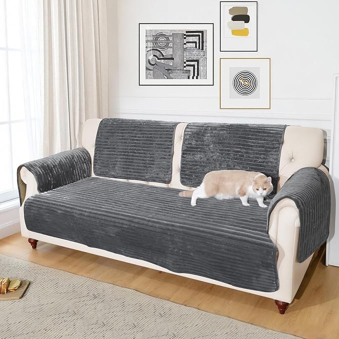 NAISI Couch Covers for Dogs Waterproof Flannel Striped Sofa Cover Pet Friendly Washable Dog Mat for Couch Anti Slip Sectional Sofa Slipcover Protector(1pc/35"x 70",Dark Grey) - Image 4