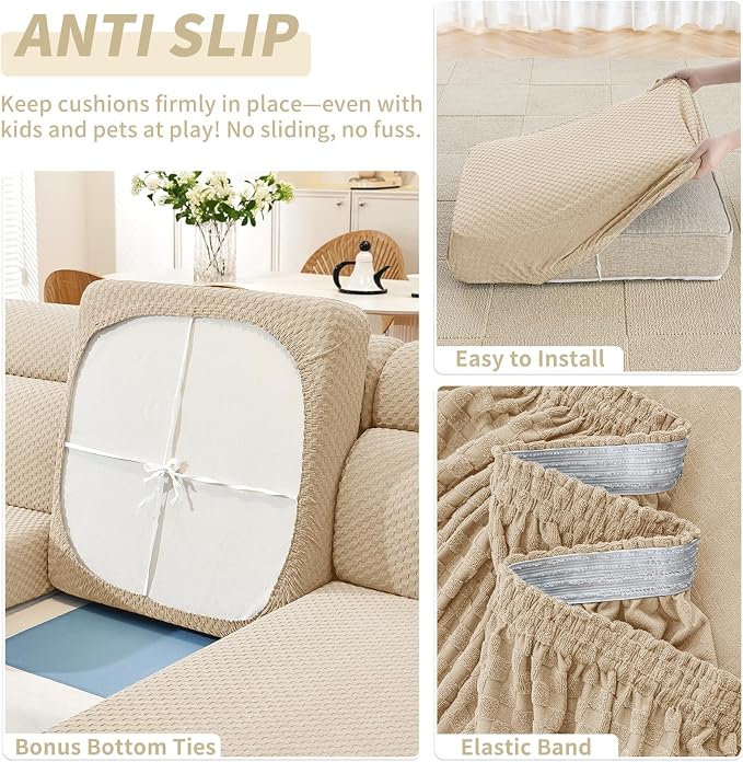 YEMYHOM Couch Cushion Covers for Sofa, Stretch Sectional Back Cushion Covers Washable Thick Furniture Protector Sofa Slipcovers for Pets (1PC Back Couch Cover, Beige) - Image 5
