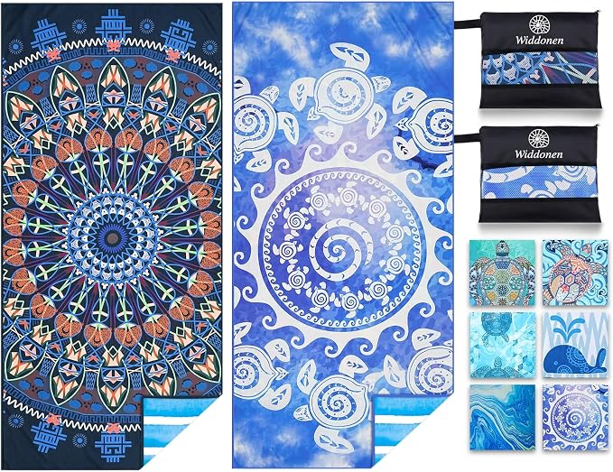 Widdonen Microfiber Beach Towel,Compact 2 Pack-71x32 Inch with Bag Travel | Extra Large,Lightweight,Thin,Sand Free,Quick Dry,Absorbent.Packable for Camping,Swim,Pool,Bath,Picnic,Cruise Essentials Gift by WIDDONEN
