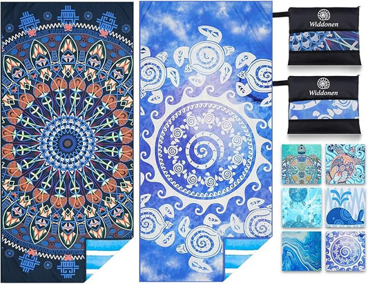Widdonen Microfiber Beach Towel,Compact 2 Pack-71x32 Inch with Bag Travel | Extra Large,Lightweight,Thin,Sand Free,Quick Dry,Absorbent.Packable for Camping,Swim,Pool,Bath,Picnic,Cruise Essentials Gift by WIDDONEN
