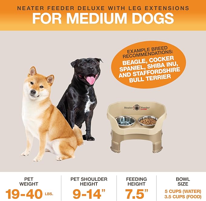 Neater Feeder Deluxe Mess-Proof Elevated Dog Bowls for Medium Dogs (19–40 lbs), 2 Height Adjustable (10” & 12.5”) No-Spill Raised Dog Bowl Stand, Stainless Steel Food Bowl Set, Made in USA, Cappuccino - Image 4