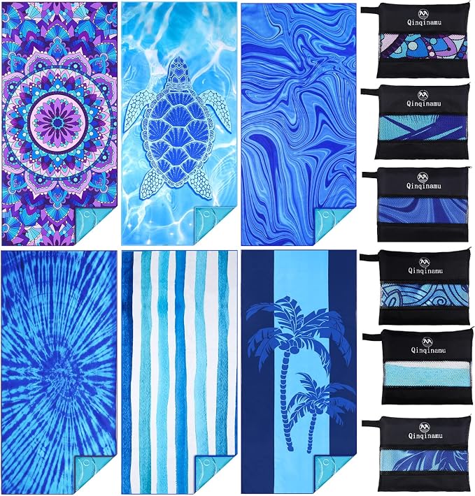 6 Pack Microfiber Thin Lightweight Beach Towel Oversized 71x32 Extra Large Sand Free Towels for Travel Swim Pool Yoga Gym Camping for Adults Women Men Beach Essentials Accessories Vacation Gift by Qinqinamu