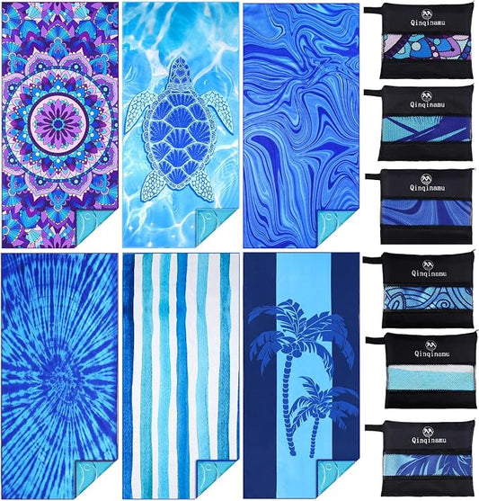6 Pack Microfiber Thin Lightweight Beach Towel Oversized 71x32 Extra Large Sand Free Towels for Travel Swim Pool Yoga Gym Camping for Adults Women Men Beach Essentials Accessories Vacation Gift by Qinqinamu