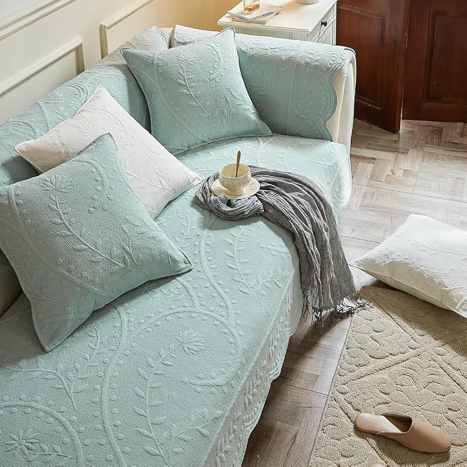 Leaf Floral Cotton Quilted Dog Couch Cover for Sofa Farmhouse Rustic Embroidered Sectional Couch Cover Soft Anti-Slip Sofa Slipcover Furniture Protector for Kids, Pets (Blue,28"x59") - Image 4