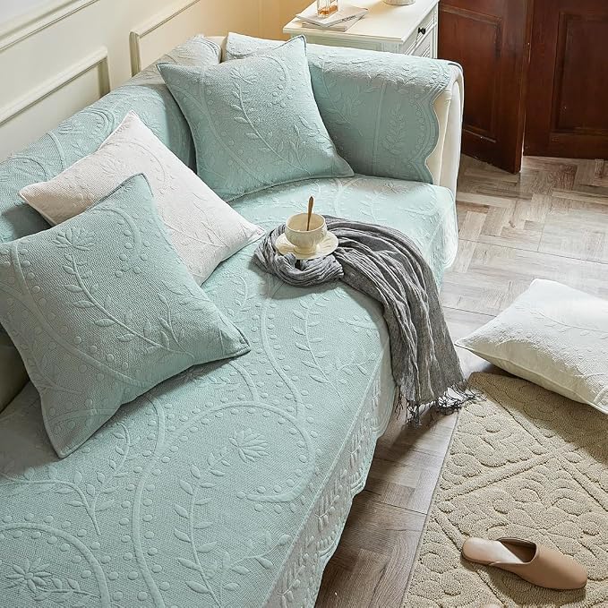 Leaf Floral Cotton Quilted Dog Couch Cover for Sofa Farmhouse Rustic Embroidered Sectional Couch Cover Soft Anti-Slip Sofa Slipcover Furniture Protector for Kids, Pets (Blue,43"x63") - Image 4