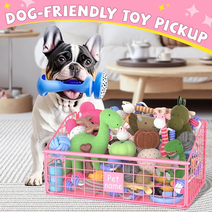 Kaiferty Indestructible Dog Toy basket, Medium Toy Box for Dogs,Pet Toy Bin Dog Metal Basket for Toys, Toy Storage Organizer, Living Room Area (Pink) - Image 3