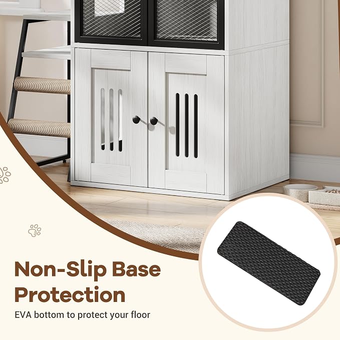 GarveeLife Cat Litter Box Enclosure with Doors, Double Cat House with Storage Space, Enclosed Litter Box Furniture with Ladder, Retro White - Image 6