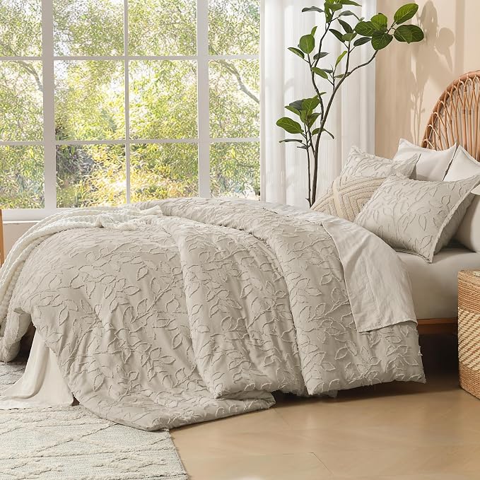 Litanika Super King Plus Comforter Set Oatmeal, 3 Piece Boho Tufted Bedding, Fluffy Farmhouse Bed Set for All Season with 2 Leaf Pattern Pillowcases（128x120In） - Image 4