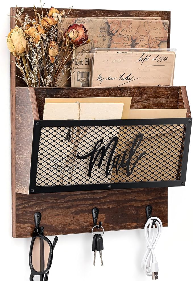 Yalikop Farmhouse Mail Organizer Wall Mounted Rustic Mail Holder Hanging Key Sorter with 3 Hooks Indoor Wooden Wall Mounted, Letter, Magazines, Newspapers, Keys(Classics,Brown) by Yalikop