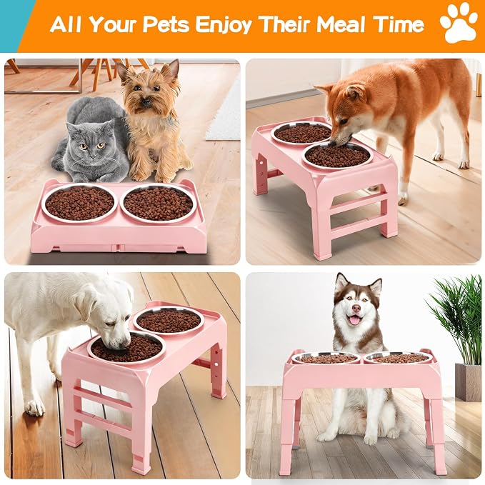 COMESOON Elevated Dog Bowls, 4 Height Adjustable Raised Bowl Stand with 2 Thick 50oz Stainless Steel Food Bowls Non-Slip Feeder Adjusts to 3.7'', 9.2'', 10.75'', 12.36'' Pink - Image 8