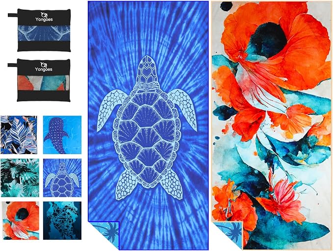 Yongoes 2 Pack Microfiber Beach Towels Oversized 71x32 Turtle Floral | Thin & Lightweight, Sand Free, Super Absorbent Quick Dry Large for Pool Swim Bath Travel Vacation Accessories Essentials by Yongoesbeachtowel