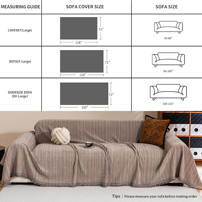 Large Sofa Covers for Pets Kids,3 Cushion Couch Sectional Sofa Slipcover Furniture Protector, Non Slip Couch Cover Chenille Strip Couch Throw Blankets with Tassel, 71"x150", Light Brown - Image 4