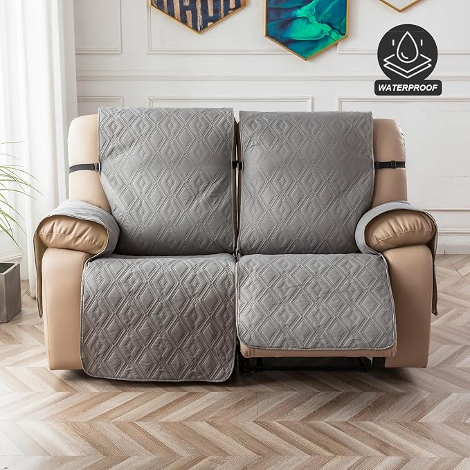 Genina Loveseat Recliner Cover Non-Slip, Sofa Cover for Reclining Couch 2 Seat, Loveseat Covers Double Recliner Furniture Protector Cover with Elastic Straps for Pets (Light Gray, Recliner Loveseat) - Image 8