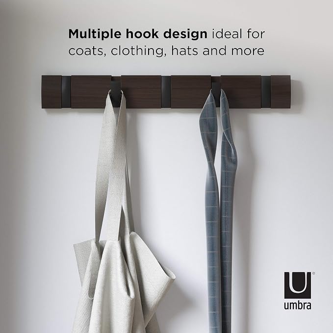 Umbra Flip Coat Rack, Wall Mounted 5-Hook Space Saving, Walnut/Black | Real wood and steel build, retractable hooks fold flat, holds coats bags and scarves, easy install - Image 7