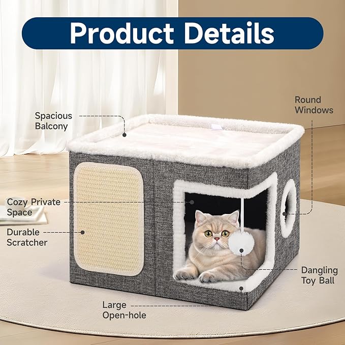 Shikha Cat House Bed for Indoor Cats with Fluffy Ball and Scratch Pad Grey | Foldable Large Cat Cave Hideaway with Cozy Condo, Hide and Seek Window, Holds Up to 30LBS, All Season Reversible Cushion - Image 3