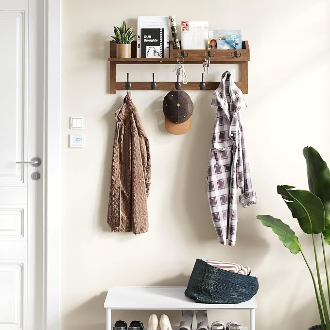 AMBIRD Wall Hooks with Shelf, 26.57 Inch Entryway Wood Coat Hooks for Wall with Shelf, Coat Rack Wall Mount with 5 Dual Hooks 3 Key Hooks Mail Organizer and Key Rack Holder (Brown) - Image 6