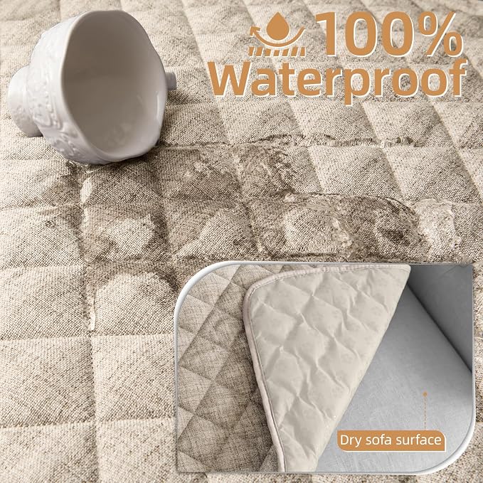Dog Couch Cover for Sofa 100% Waterproof Faux Linen Sofa Covers for 3 Cushion Couch Washable Pet Friendly Sofa Slipcovers Non Slip Quilted Furniture Seat Protector (27.6x71 in, Linen) - Image 2