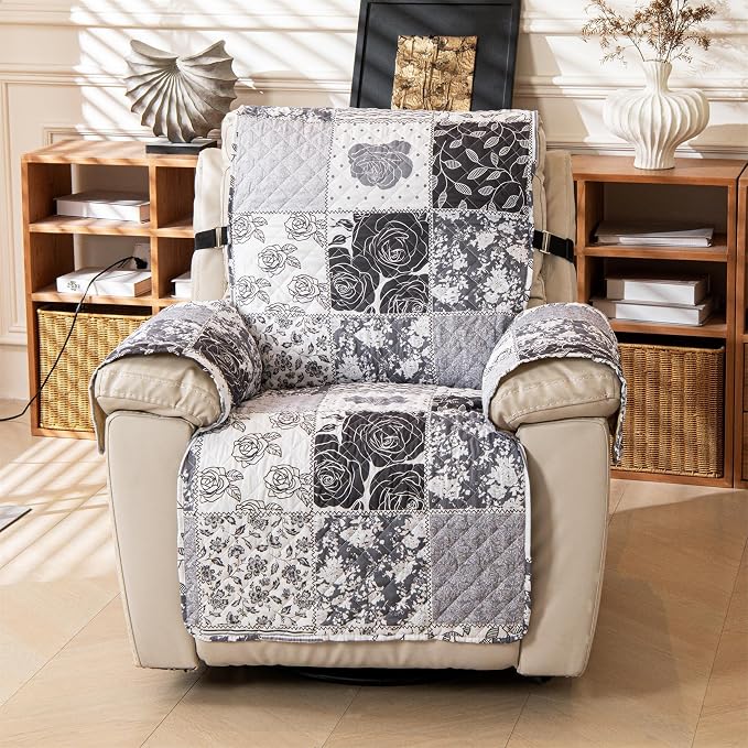 Cmfshape Skidproof Sofa Cover-Grey Rose Sofa Slipcover with Elastic Straps-Easy Fit Slip Cover-Patchwork Washable Furniture Protector for Pets and Kids(Recliner,Grey) - Image 2