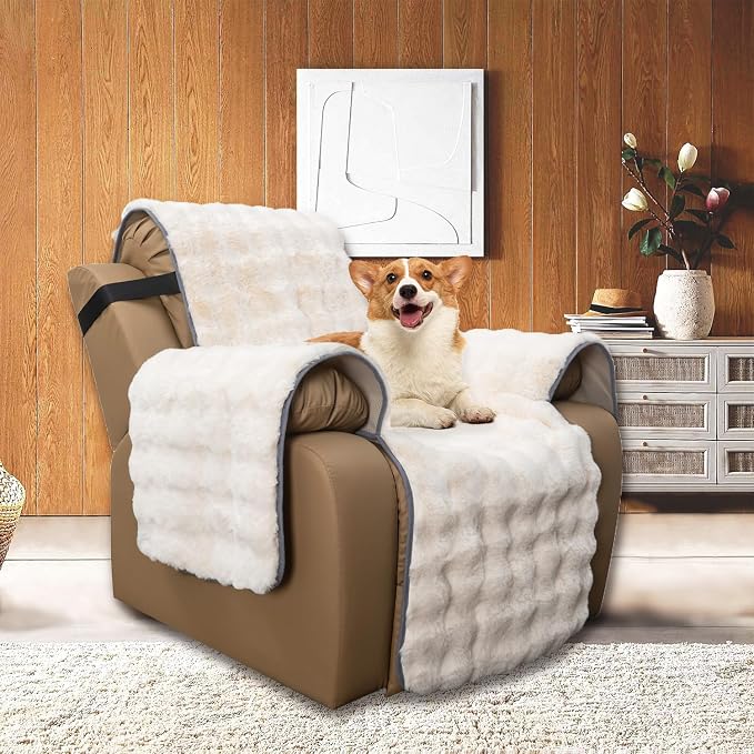 Plush and Fuzzy Shaggy Couch Cover, Dog Pad Faux Fur Sofa Cover, Water Resistant Slipcover, Non-Slip Furniture Protector for Kids,Dogs,Cats.(White-Bubble, Large Recliner) - Image 2