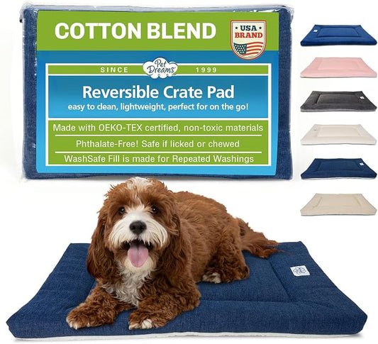Pet Dreams Dog Crate Pad - Washable Kennel Mat, Crate Pads for Dog Cages, Non-Toxic, Flat Indoor Cat Bed, Fits iCrate 18, 24, 30, 36, 42, 48 Inches (Denim, X Small, 18") by PetDreams