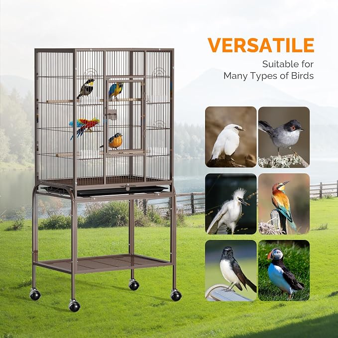 VINGLI 53-inch Bird Cage with Wheels, Durable Wrought Iron Parakeet Cage with Slide Out Tray, Black Bird Cages for Parakeets/Lovebird/Cockatiels/Budgies and Other Small/Medium Birds (Brown, 53 inch) - Image 7