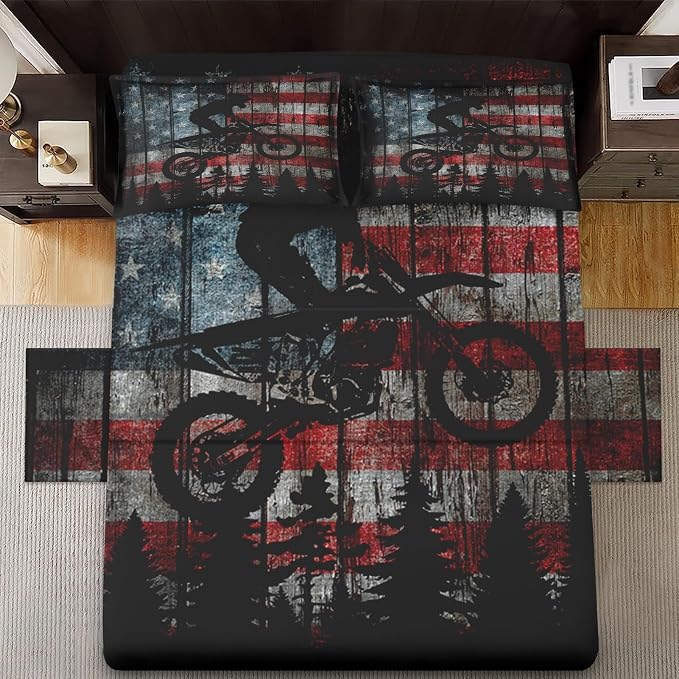 WeCozy Twin Size Bed Sheet Sets with Pillowcases, American Flag Vintage Motocross 3 Pcs Soft Microfiber Bedding for Kids and Adults, Motorcycle Flat, Fitted Sheet for Bedroom Bed Decor - Image 3
