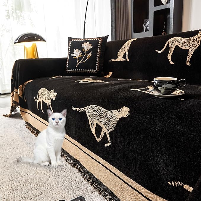 Chenille Sofa Cover with Tassels, Non-Slip Couch Cover for Seat Sofas, Washable Furniture Protector for Pets & Kids, Modern Leopard Pattern Chenille Blanket (Black, 90"x165") - Image 2