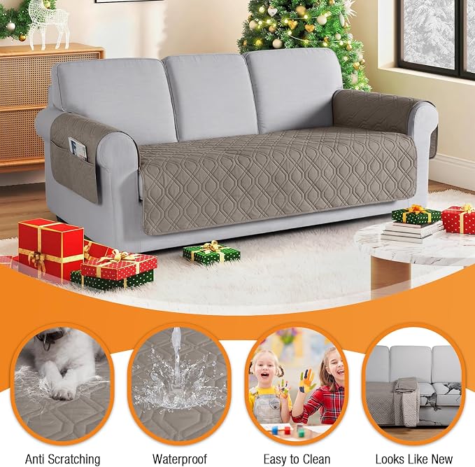 VANSOFY Waterproof Couch Cover for Pets, Khaki, 72.4" | Non-Slip, Washable, Utility Pockets, Pet Friendly, Furniture Protector Slipcover for 3 Cushion Plus Couch - Image 4