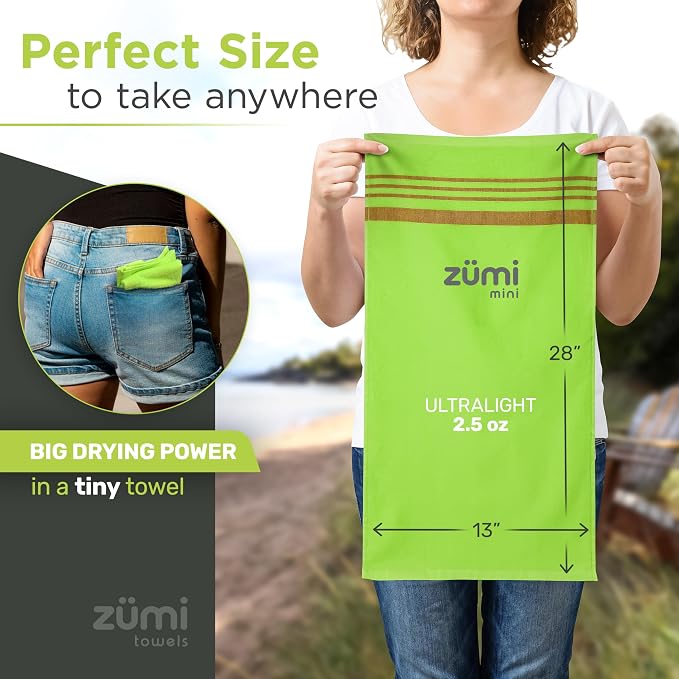 Zumi MINI 100% Cotton Camping Travel Towel - Small, Ultralight, Fast Drying, Highly Absorbent, Soft and Gentle on the Skin, Safe for the Planet (28" x 13" Green) - Image 4